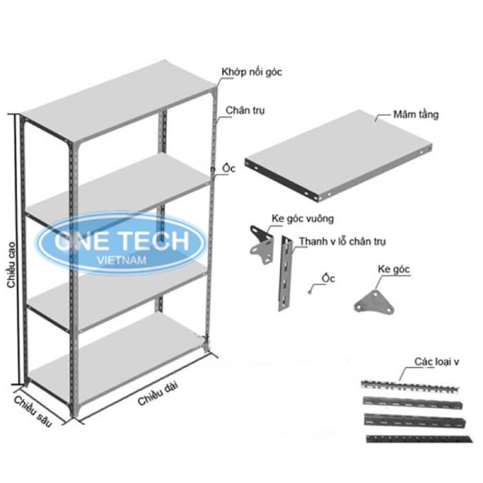 Kệ V lỗ được cấu tạo từ các chi tiết độc lập