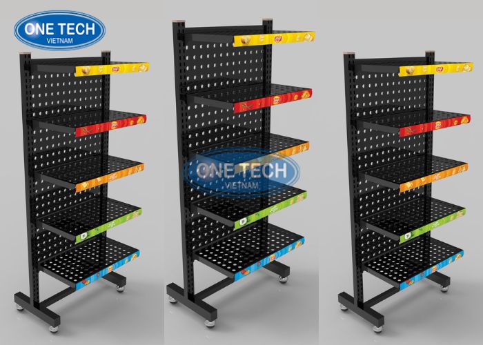 Kệ quảng cáo tôn đục lỗ 5 tầng có bánh xe di chuyển