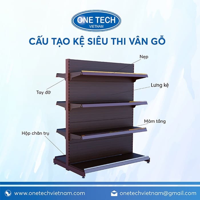 Kệ siêu thị vân gỗ từ các chi tiết độc lập